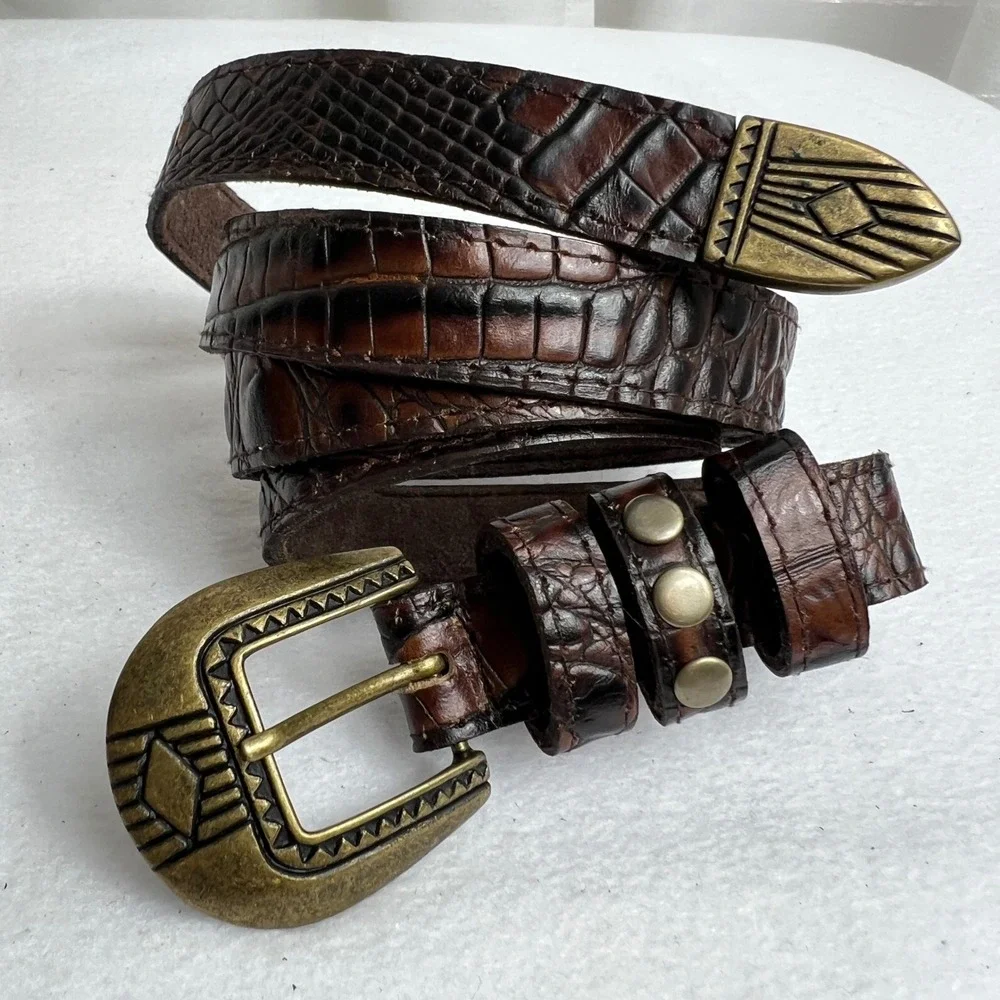 Lovestrength Brown Croc‎ Embossed Leather Western Belt Studded Brass Buckle P/S